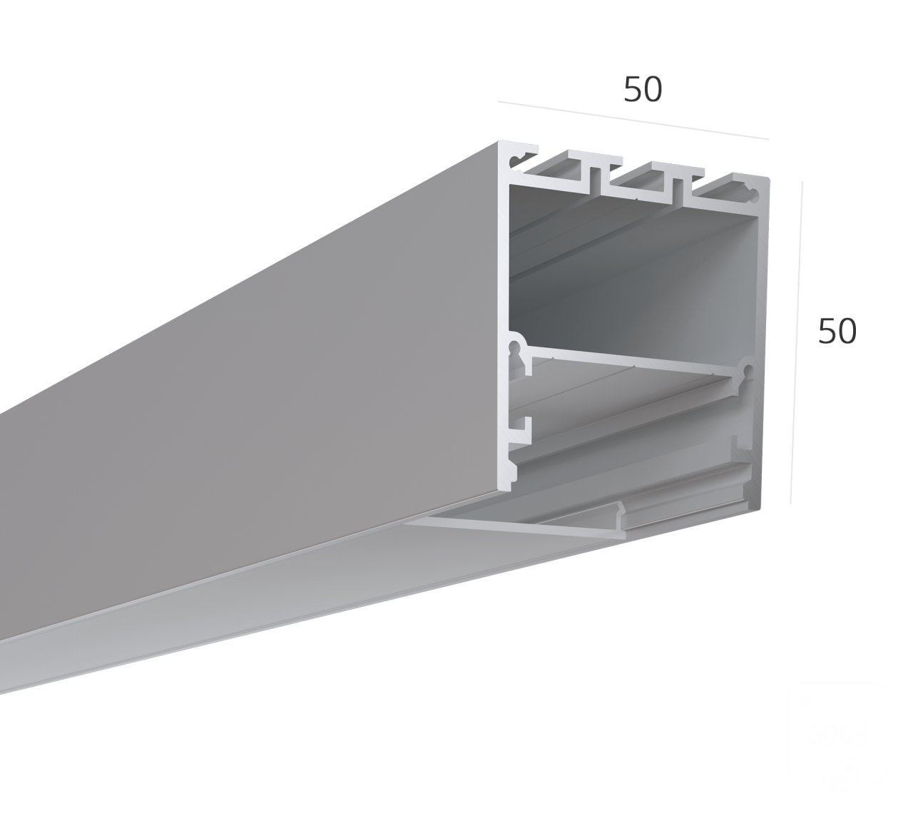 Dimensions 50x50mm.
<strong>From 2 to 3 meters! Black / white / silver.</strong>
Suspended / surface-mounted aluminum profile for the manufacture of linear lighting systems. The profile has a compartment (46x22mm) for installing a power source.