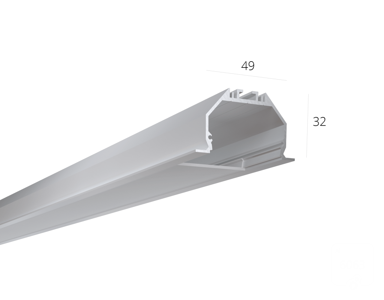 Dimensions 49(63)x35mm.
<strong>From 2 to 3 meters! White / silver / black.</strong>
Aluminum profile for manufacturing recessed linear luminaires.